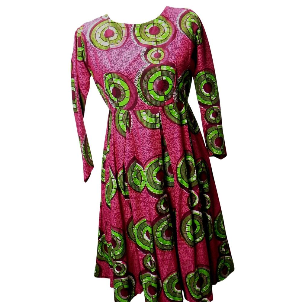 Handmade African Ankara Wax Print Fit & Flare‎ Cultural Dress Pink Green Cotton